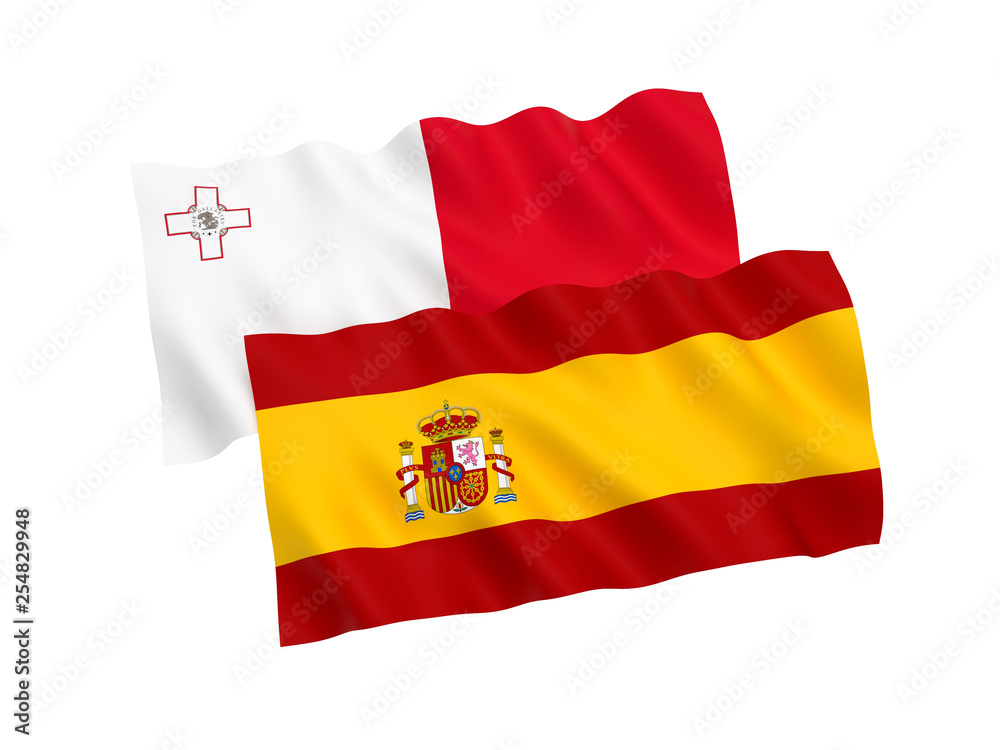 Obraz premium National fabric flags of Malta and Spain isolated on white background. 3d rendering illustration. Proportion 1:2