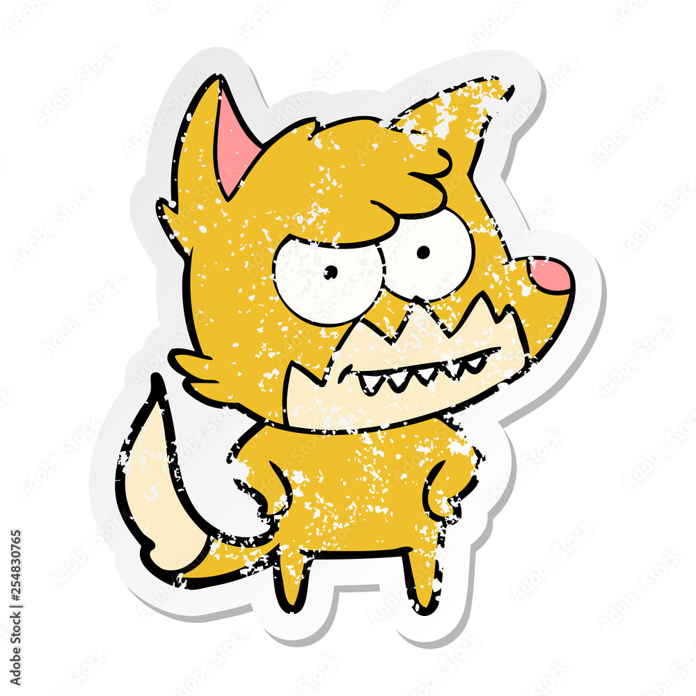 distressed sticker of a cartoon grinning fox distressed sticker of a cartoon grinning fox