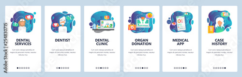 Mobile app onboarding screens. Dental clinic, doctor and nurse, organ donation, medical app. Menu vector banner template for website and mobile development. Web site design flat illustration