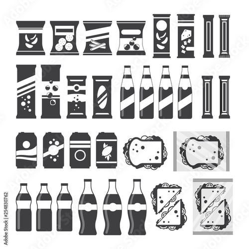 Snack product set for vending machine in monochrome color. Fast food snacks drinks nuts chips cracker juice sandwich for vendor machine bar isolated on white background. Flat illustration in vector