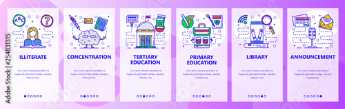 Mobile app onboarding screens. Education system, digital library in phone, illiterate. Menu vector banner template for website and mobile development. Web site design flat illustration