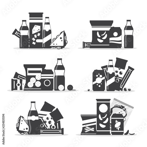 Snack product set in monochrome color, fast food snacks, drinks, nuts, chips, cracker, juice sandwich isolated on white background