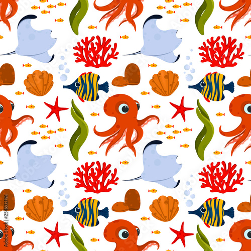 Underwater life seamless pattern. Pattern with cute fish and corals. Use for postcard  print  packaging  wallpapers etc.
