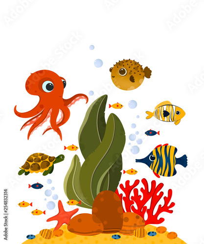 Underwater life postcard. Cute ocean animals and corals. Use for postcard  print  packaging  etc.