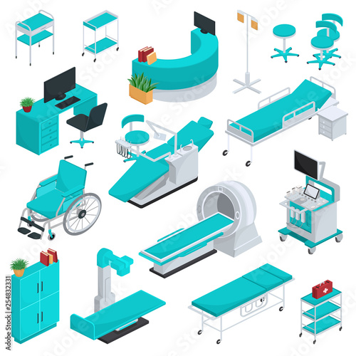 Medical equipment vector clinic technology healthcare treatment in hospital illustration medicable set of wheelchair dentist chair operating surgery bed furniture isolated on white background