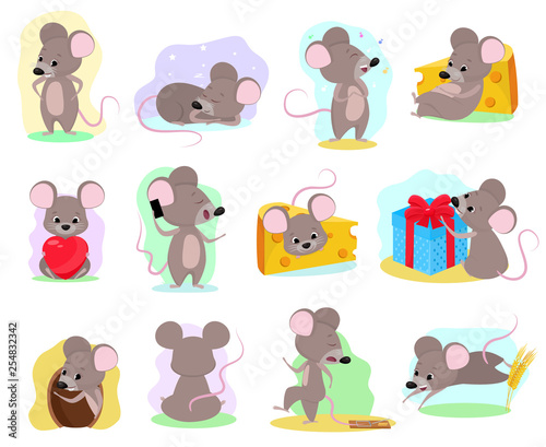 Fototapeta Naklejka Na Ścianę i Meble -  Cartoon mouse vector mousy animal character rodent and funny rat with cheese illustration mousey set of little mice in mousetrap and mouselook in love illustration set isolated on white background
