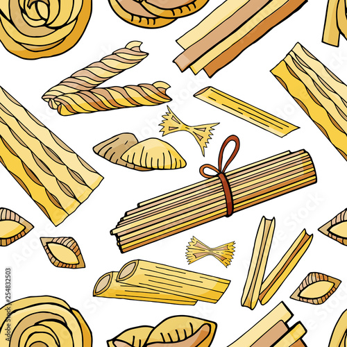Seamless pattern with different types of pasta