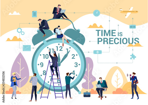 Business people, the importance of time in business concept flat vector illustration with people gathered around classic alarm clock. Task management and productivity theme.
