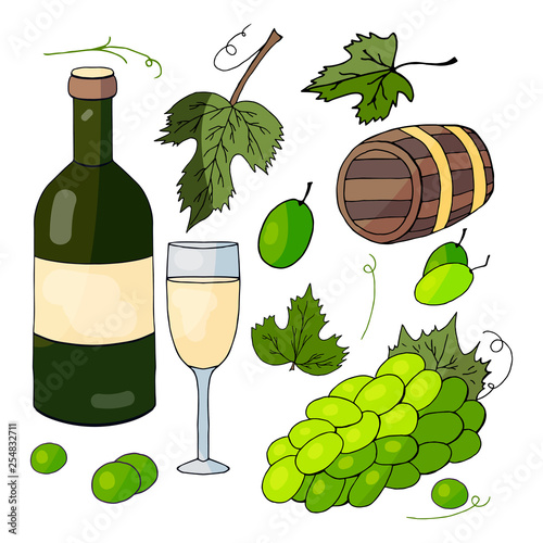 white wine, a bunch of grapes and grape  leaves