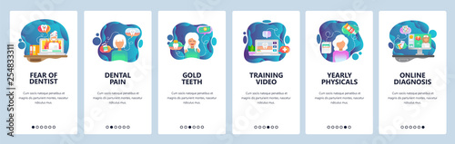 Mobile app onboarding screens. Dental care and teeth treatment, fear, dentist doctor, clinic. Menu vector banner template for website and mobile development. Web site design flat illustration