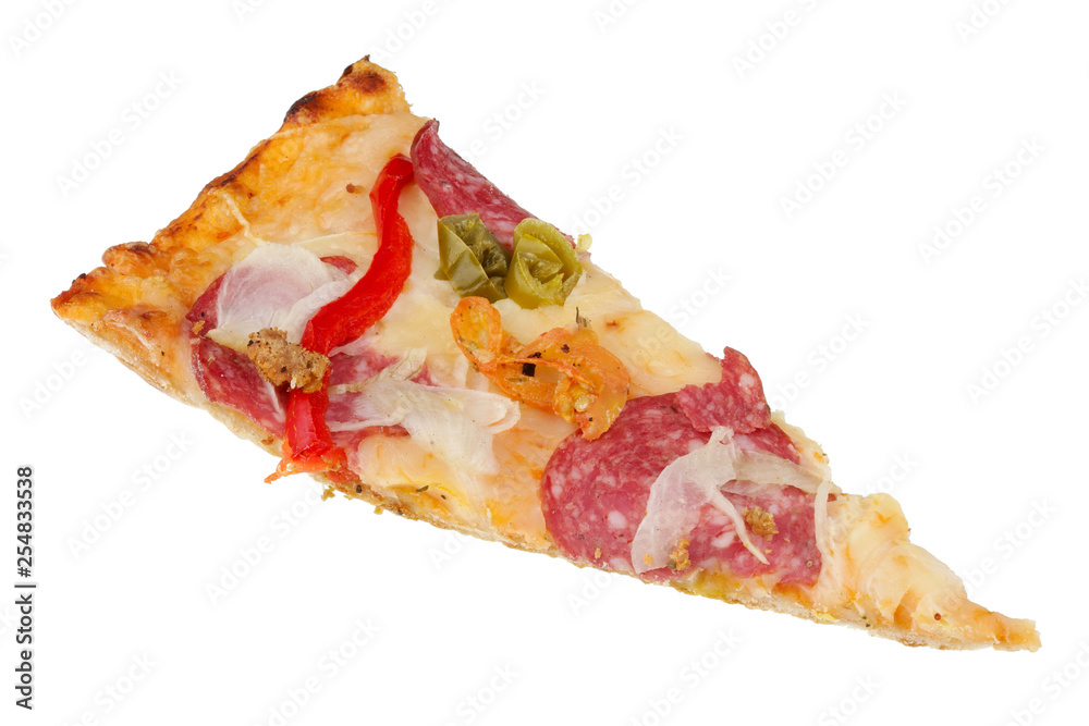 Triangular piece of hot pizza with salami and chili pepper isolated Triangular piece of hot pizza with salami and chili pepper isolated