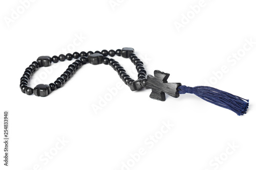 Rosary wooden beads on white background