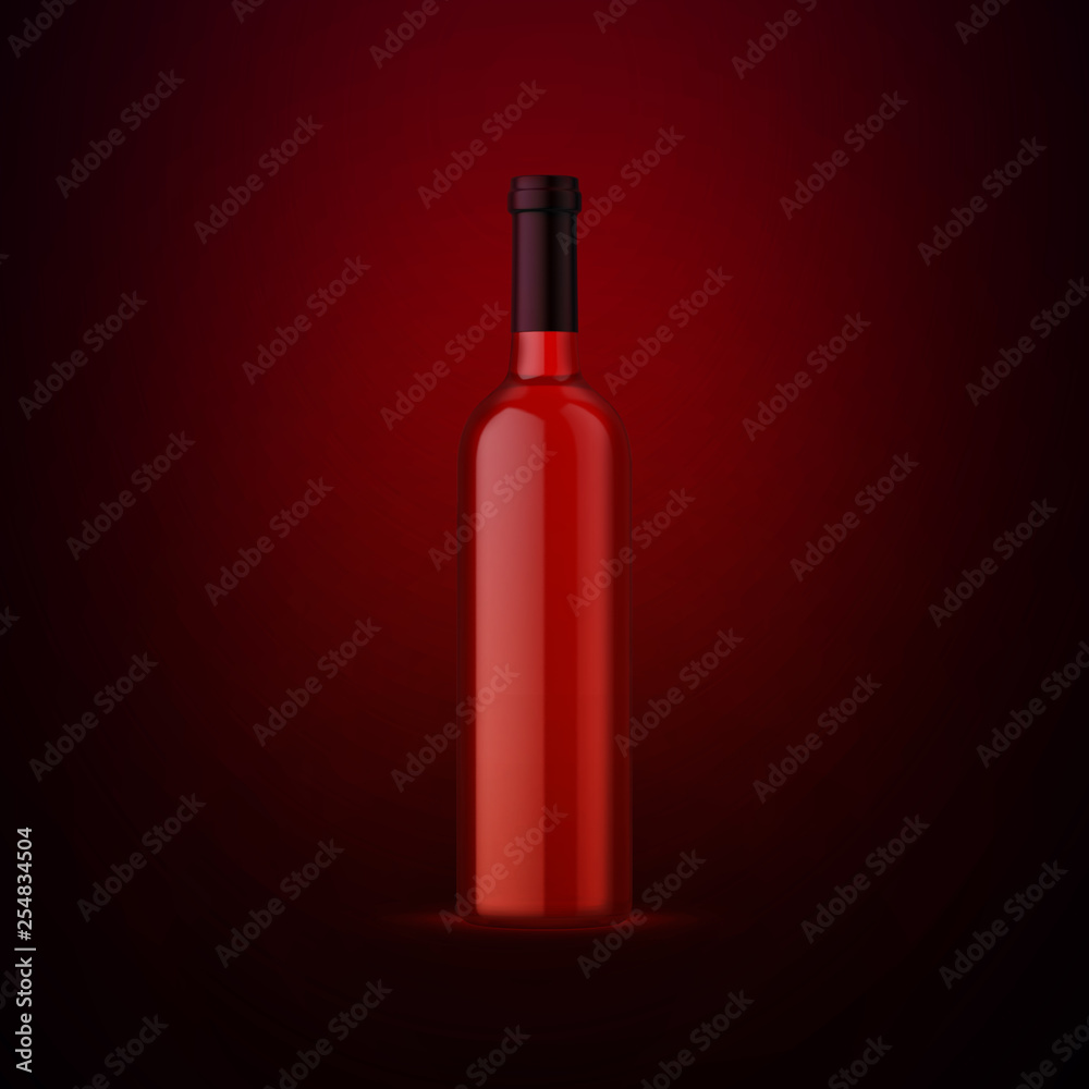 Full whiskey bottle on dark red background. Product packaging brand design. Mock up drink with place for you lable and text. Old and tasty scotch whisky against lit background.