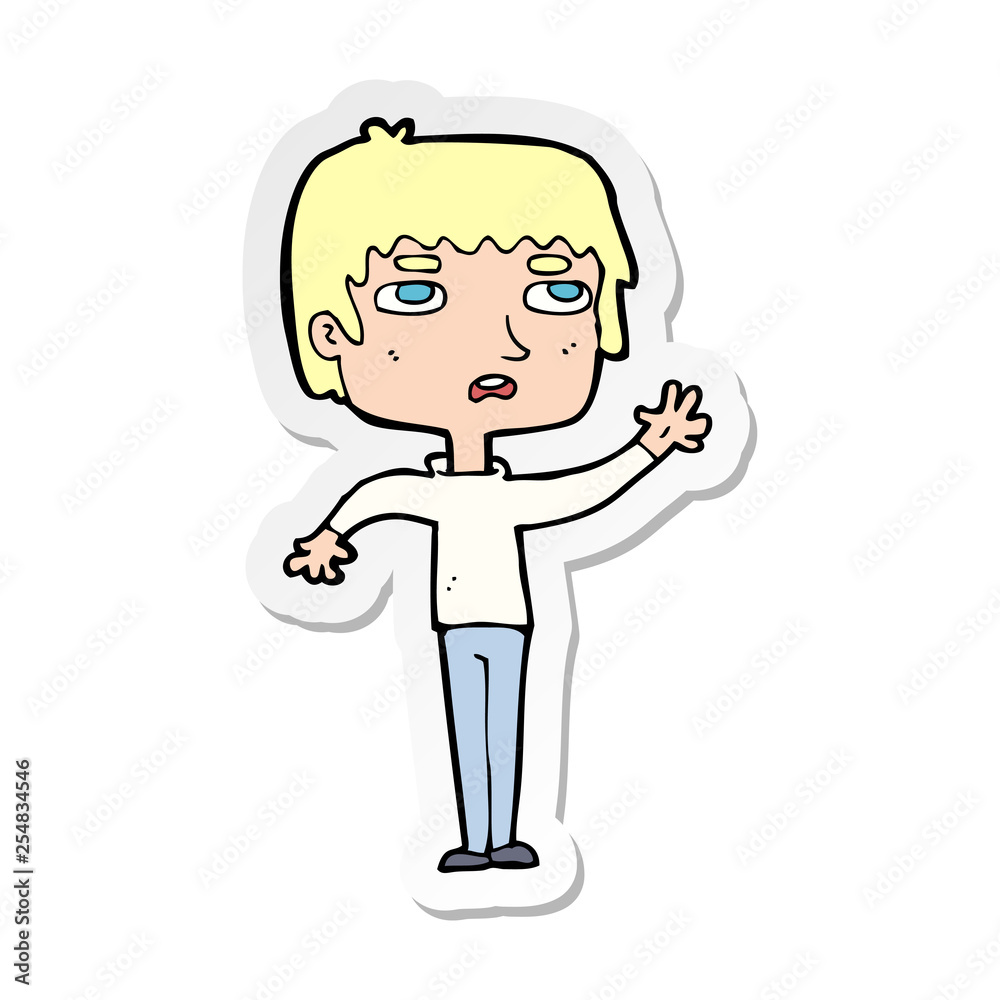 sticker of a cartoton unhapy boy waving