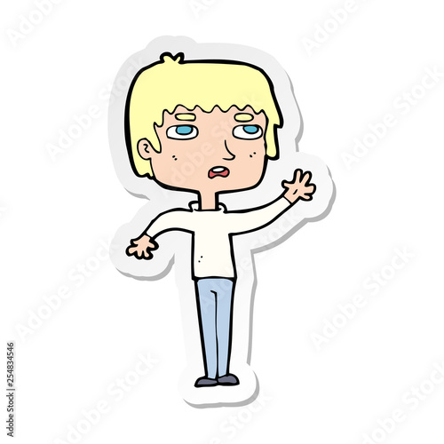 sticker of a cartoton unhapy boy waving photo