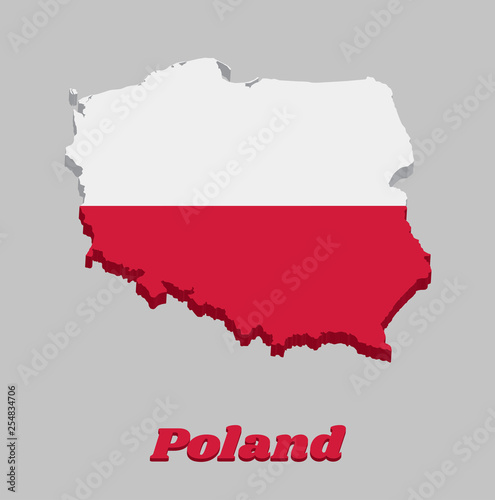 3d Map outline and flag of Poland, A horizontal bicolour of white and red.