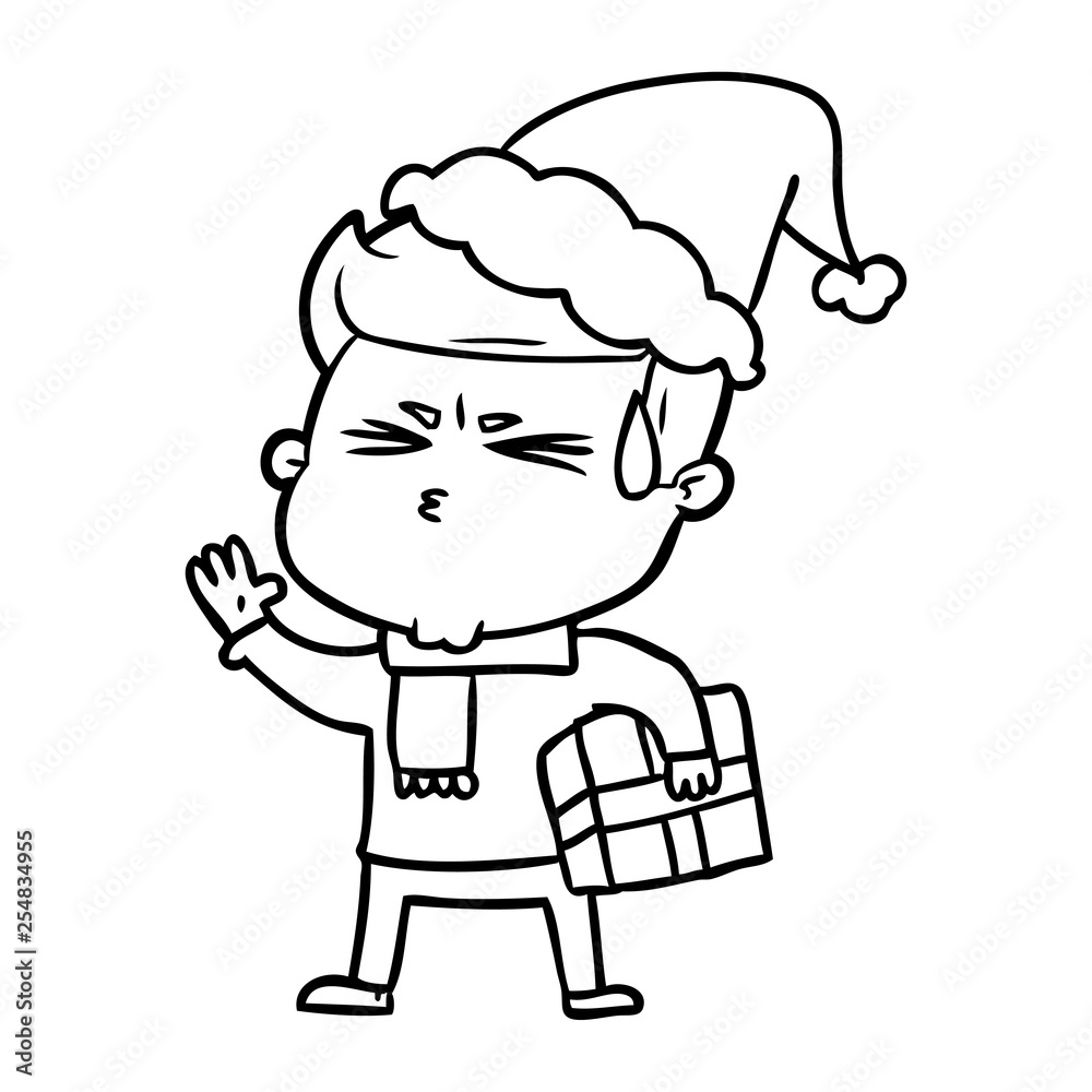 line drawing of a man sweating wearing santa hat