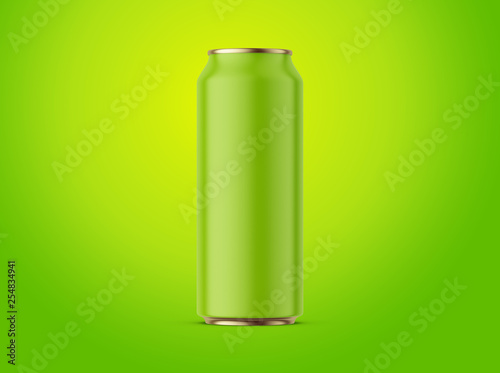 Aluminum green can mockup isolated on green background. 500ml aluminum soda can mock up.
