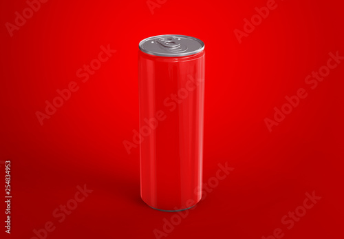 Aluminum red can mockup isolated on red background. 250ml red aluminum soda can mock up.