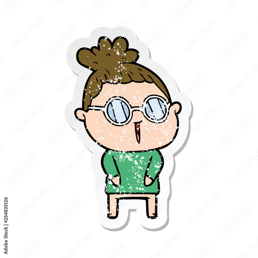 distressed sticker of a cartoon woman wearing spectacles distressed sticker of a cartoon woman wearing spectacles