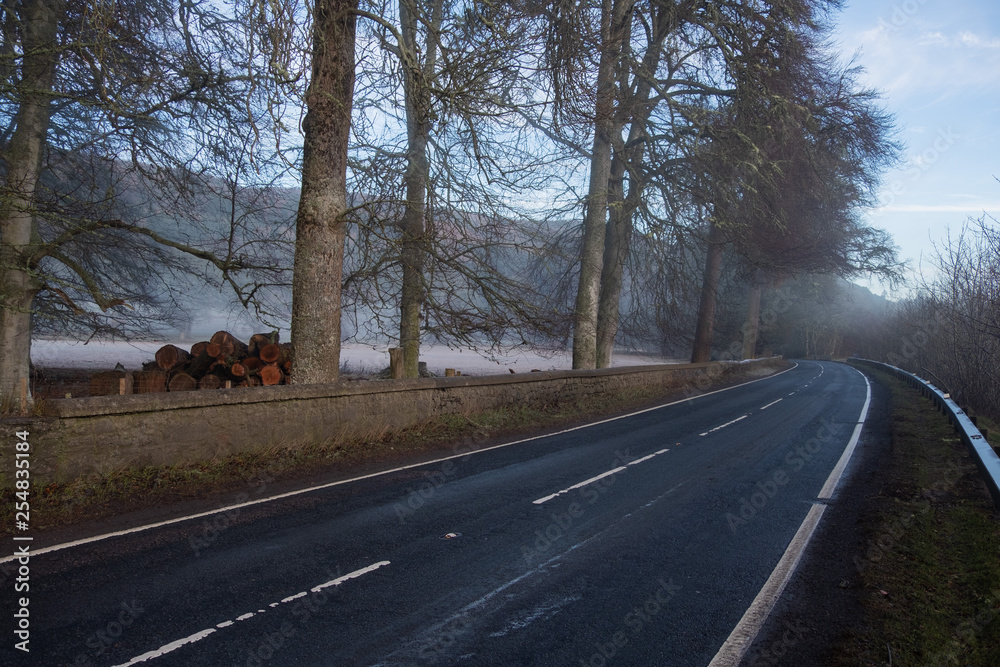 Fototapeta premium Turn on a beautiful country road shrouded in mist