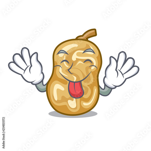 Tongue out raisins above the wooden cartoon table