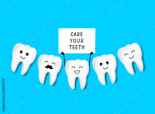 Cute cartoon teeth character with paper sign. Care your teeth concept. Vector illustration isolated on blue background.