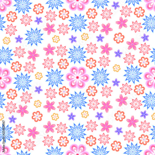 Vector seamless floral background with a pattern of different small flowers in pastel colors on a white background.