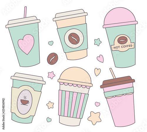 Vector illustration collection set with different cute pastel colored cartoon paper cups for coffee, chocolate or other hot beverages