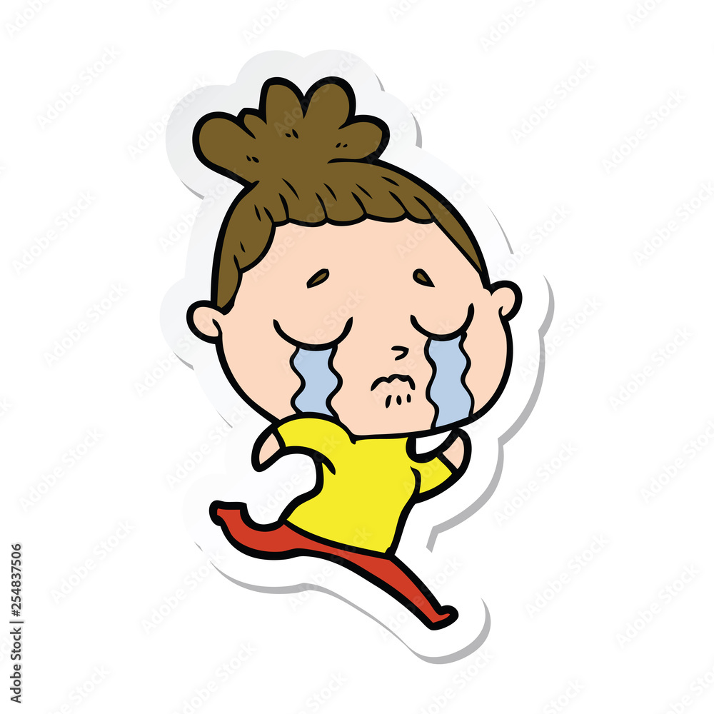 sticker of a cartoon crying woman running away