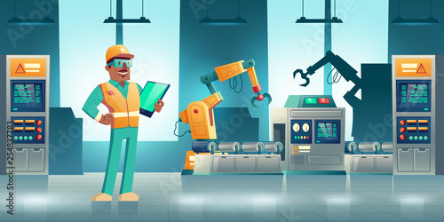 Robotized industrial production cartoon vector concept. Robotic hands working on modern factory or plant conveyor, manufacture qualified worker, engineer or service technician with tablet illustration photo