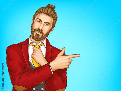 Half-length portrait of attractive hipster men in red suit, loosening his tie, pointing with finger on copyspace pop art vector illustration. Mens fashion concept, clothing shop ad banner template