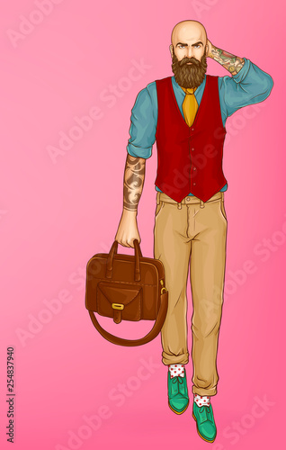 Bold, bearded and tattooed hipster man walking in waistcoat over shirt with rolled up sleeves, wearing green shoes, leather suitcase in hand pop art vector on pink background. Mens fashion concept