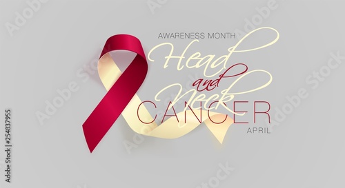 Head and Neck Cancer Awareness Calligraphy Poster Design. Realistic Burgundy and Ivory Ribbon. April is Cancer Awareness Month. Vector