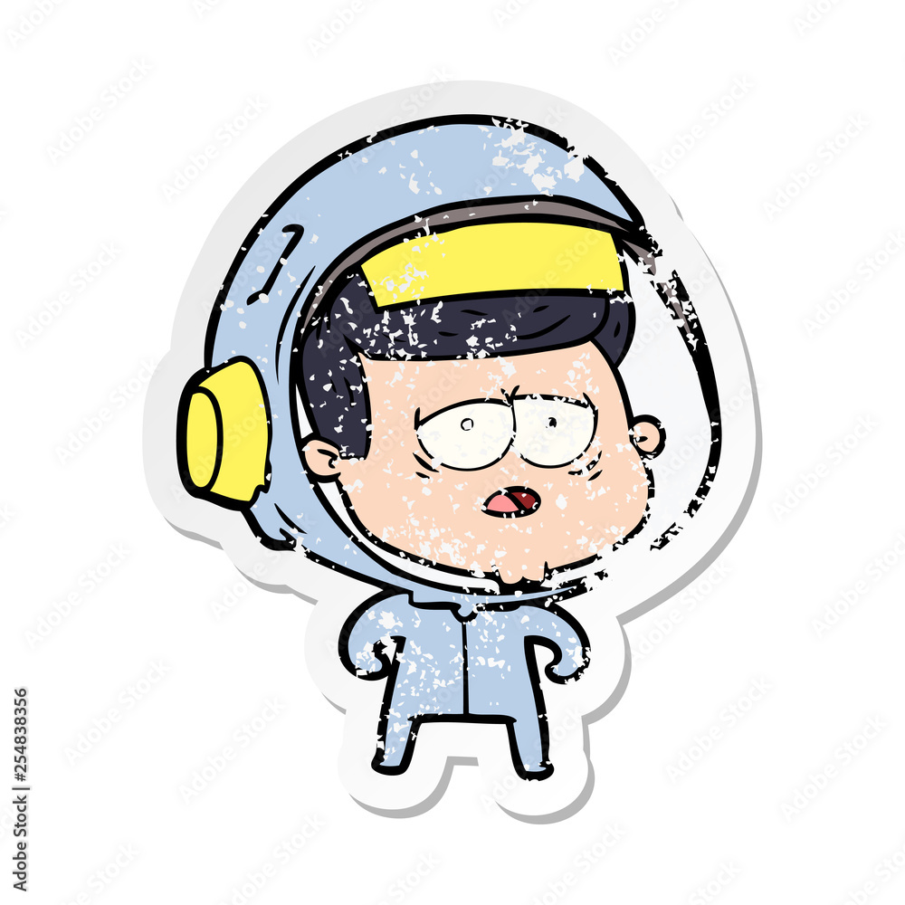 distressed sticker of a cartoon tired astronaut distressed sticker of a cartoon tired astronaut