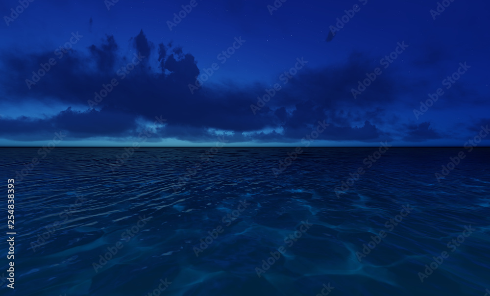 Beautiful tranquil natural vacation seascape with scenic ocean waves in tropical environment, deep clear transparent pure blue water background. A summer travel in paradise, peaceful 3D illustration