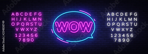 Wow Neon Text Vector. Wow pop art neon sign, design template, modern trend design, night neon signboard, night bright advertising, light banner, light art. Vector. Editing text neon sign