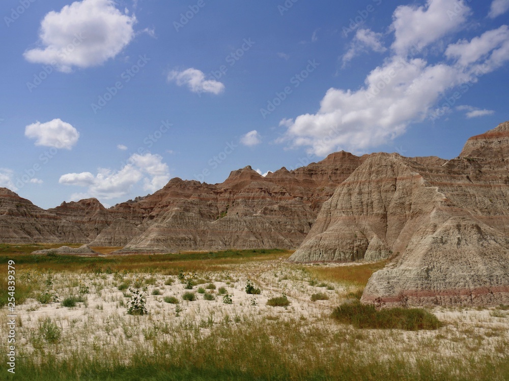 Wide view of the scenic landscape at the Badlands National Park in South Dakota, USA.