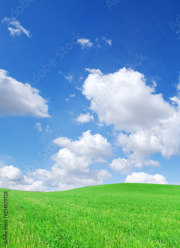 Idyllic view  green hills and blue sky with white clouds