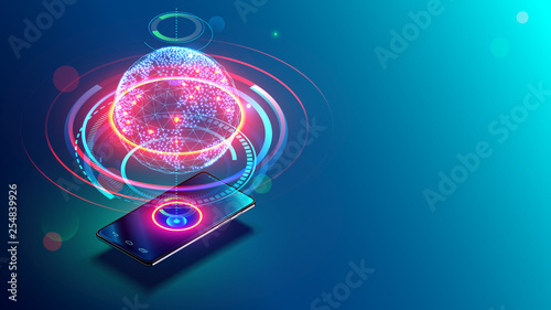 High speed communications with world wide web from anywhere in world via phone mobile internet. Hologram earth consists light dots. Abstract virtual hud elements over screen modern glass smartphone.
