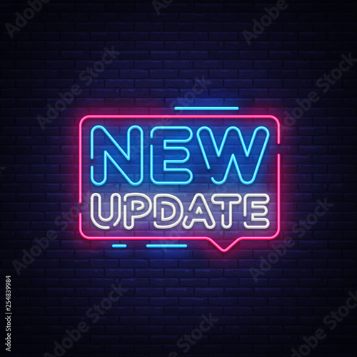 New Update Neon Text Vector. New Update neon sign, design template, modern trend design, night neon signboard, night bright advertising, light banner, light art. Vector illustration