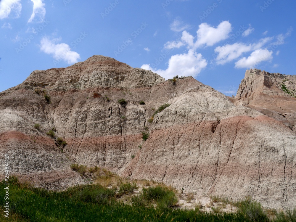 Close up of rocks and land formations at the Badlands National Park in South Dakota, USA.
