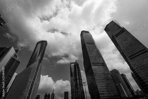 Monochrome wide angle shot of skyscrapers in Pudong, Shanghai, China. photo