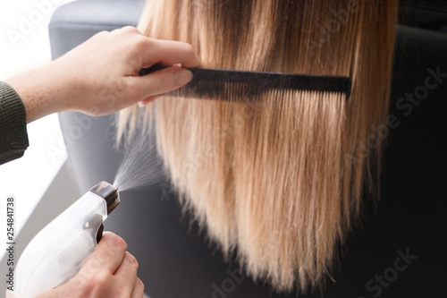 Hairdresser combing long hair of young woman in salon