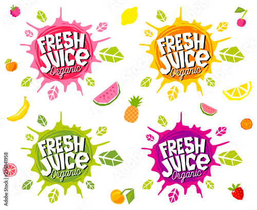 Fresh juice logo emblem bright splash shiny stickers, organic emblems banners labels , fruits vegetables fresh smoothies. Vegan eco bio green healthy food. Hand drawn vector illustration.
