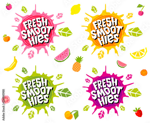 Fresh smoothies logo emblem bright splash shiny stickers, organic emblems banners labels , fruits vegetables fresh juice. Vegan eco bio green healthy food. Hand drawn vector illustration.