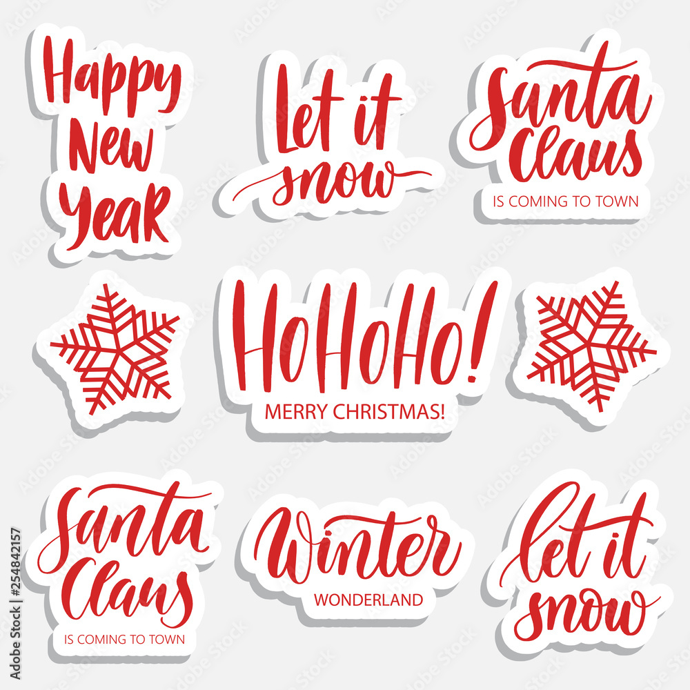 Hand  lettering red holidays  patches and stickers - creative set incuding inscriptions: Нарру new year, let it snow, hohoho, winter wonderland, santa claus.