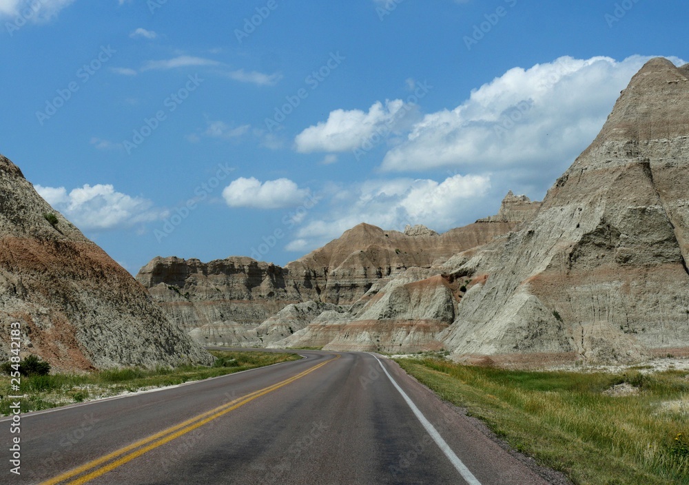 Paved roads make visits more accessible at the Badlands National Park in South Dakota, USA.
