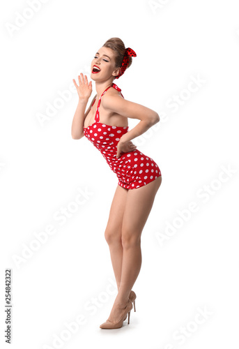Bild auf Leinwand Beautiful pin-up woman on white background