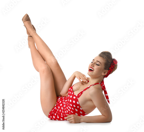 Beautiful pin-up woman on white background